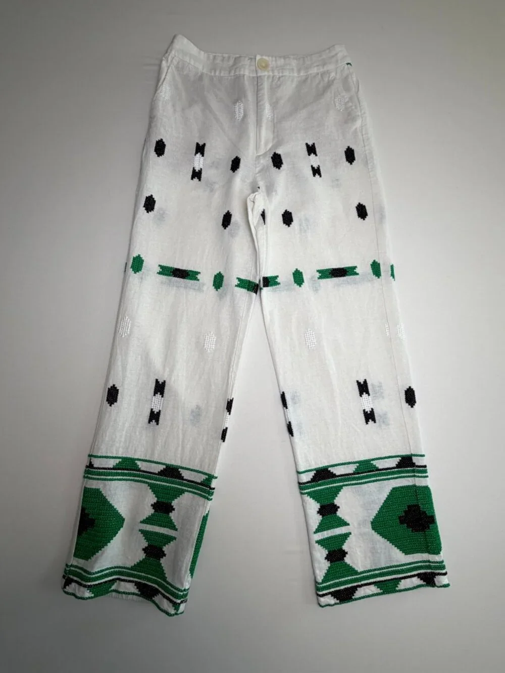 ZARA Embroidered Linen Cropped Pants Ivory Small